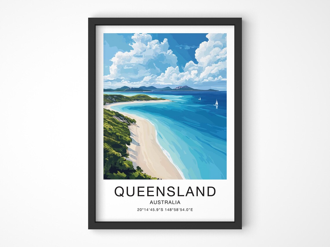 Queensland Australia Travel Poster Curving Beach Sailboats Ocean Art