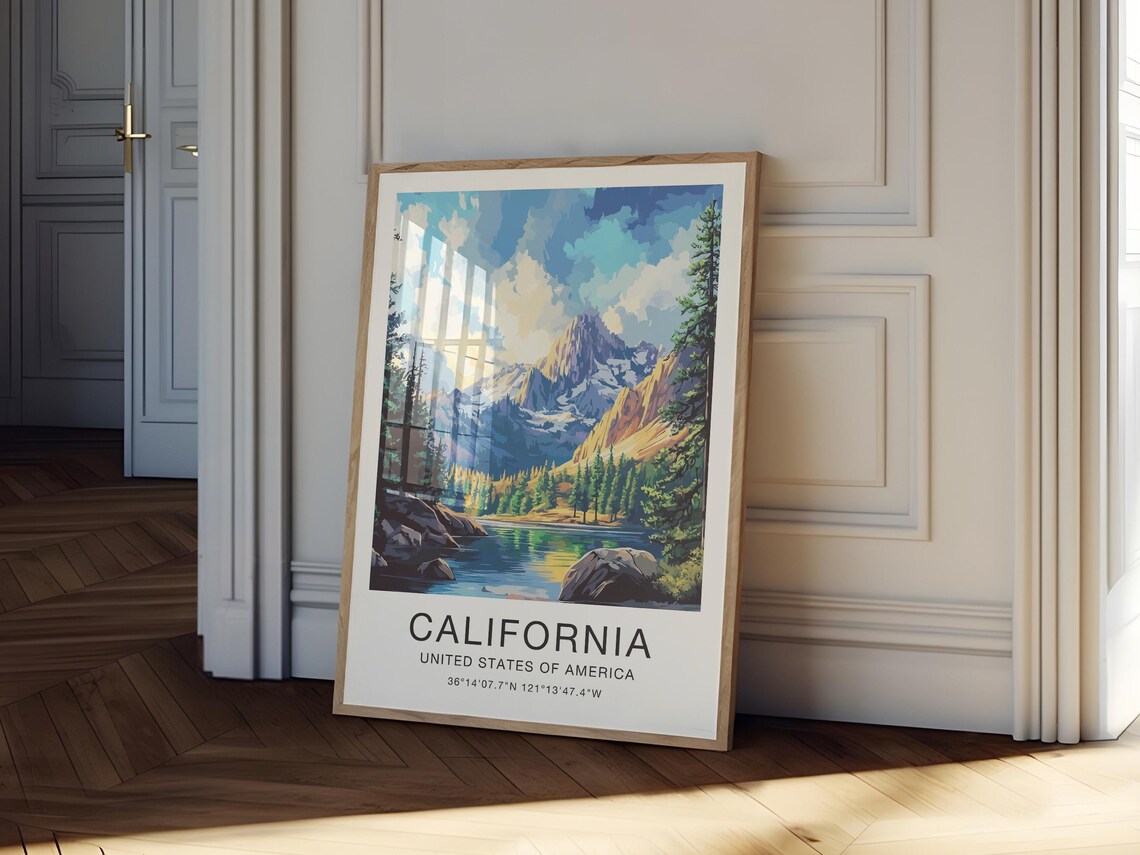 California USA Travel Poster Alpine Lake Snowy Peak Illustration Art - Image 3