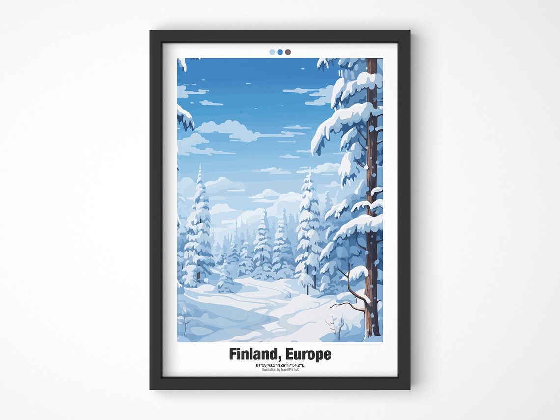 Finland Europe Travel Poster Snowy Pine Forest Winter Wonderland Art