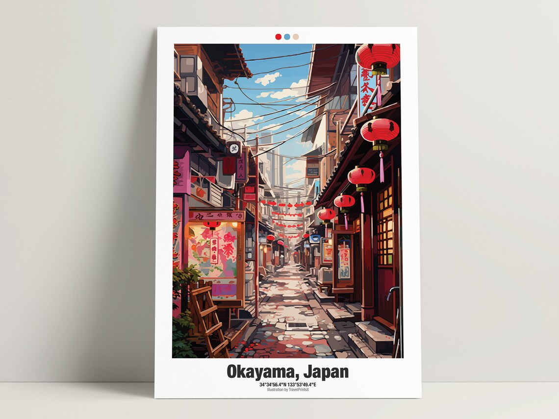 Okayama Japan Sunny Daytime Alley Hanging Red Lanterns Street Poster - Image 3