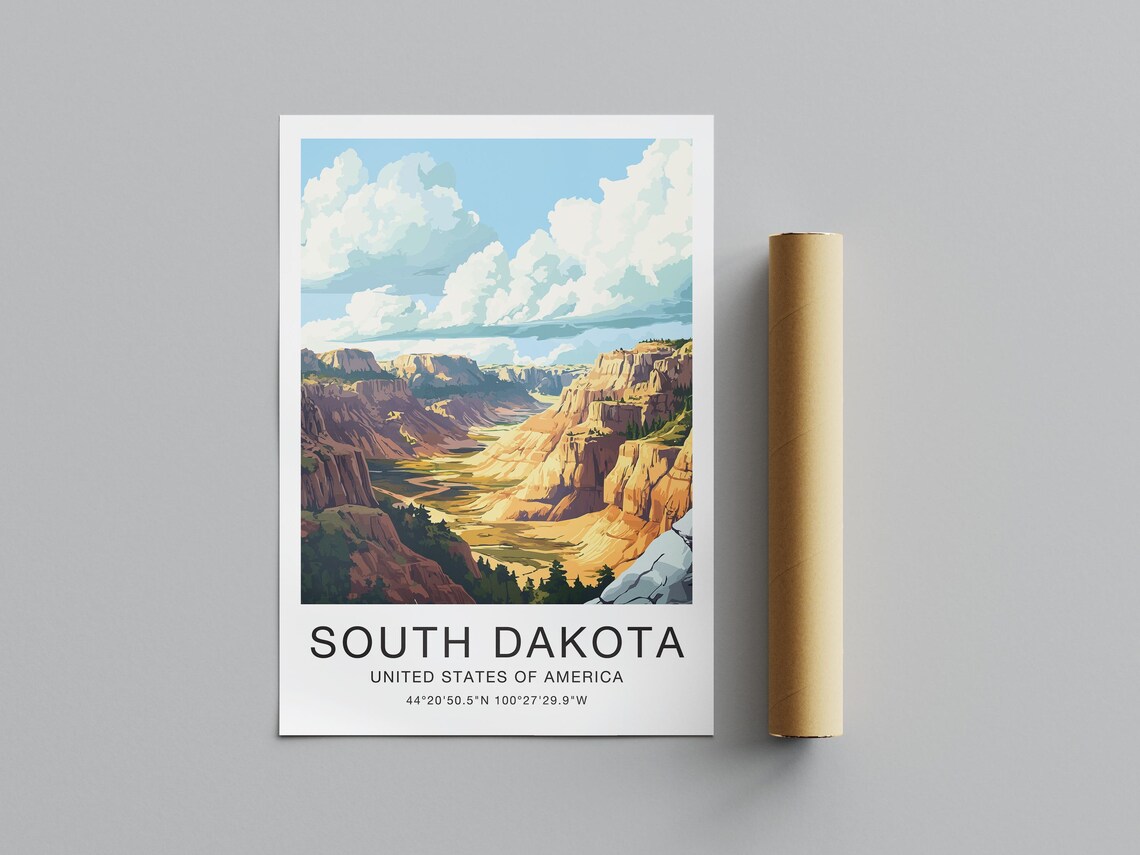South Dakota USA Travel Poster Orange Canyon Buttes Prairie Sky Art - Image 2