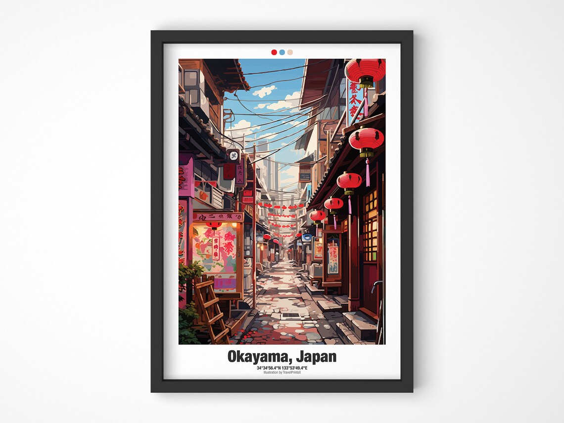 Okayama Japan Sunny Daytime Alley Hanging Red Lanterns Street Poster - Image 4