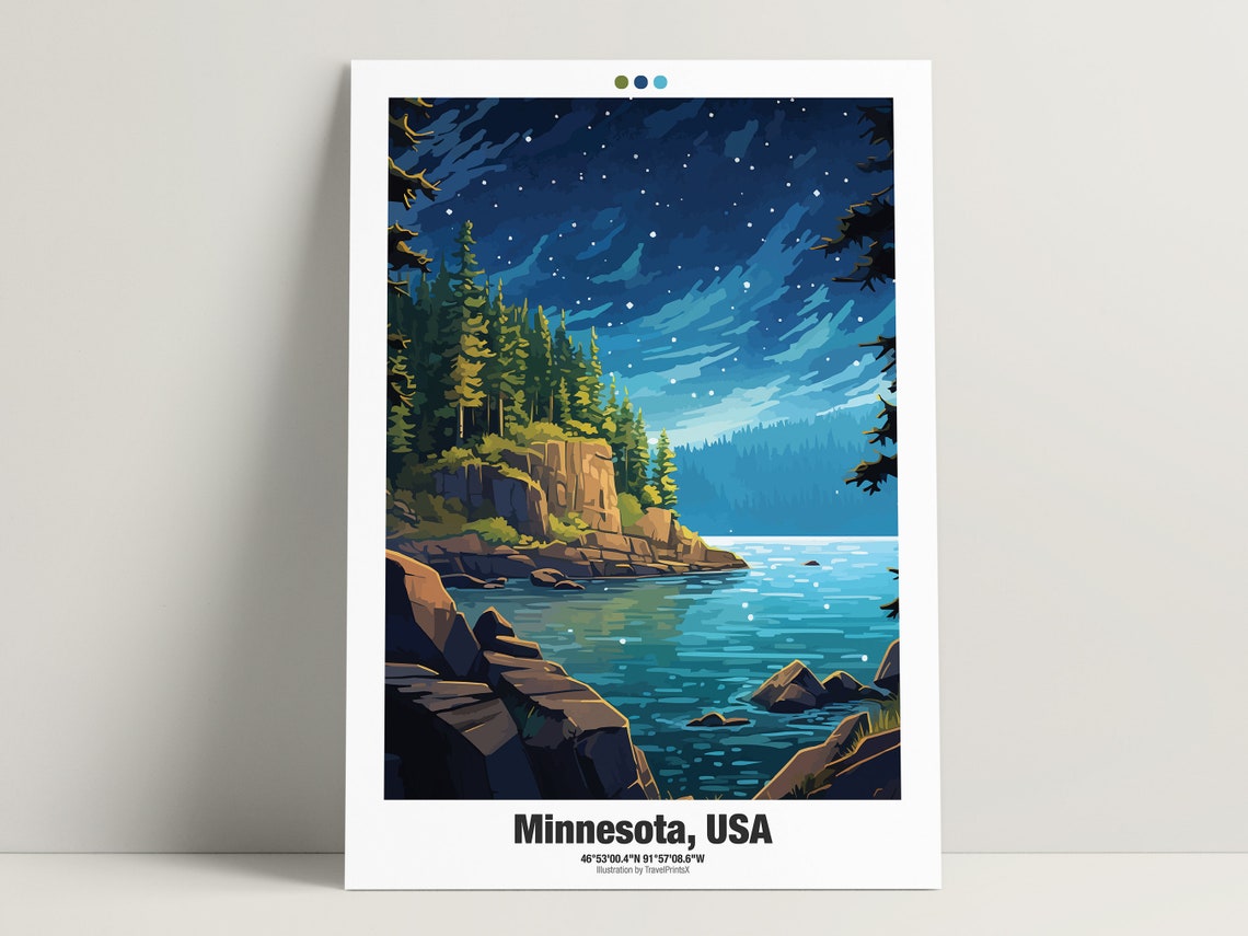 Minnesota USA Starry Night Sky Pine Forest Lakeshore Travel Poster - Image 3