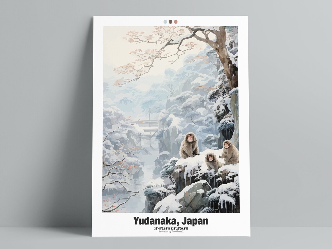Yudanaka Japan Snow Monkey Family Winter Hot Spring Travel Poster - Image 3