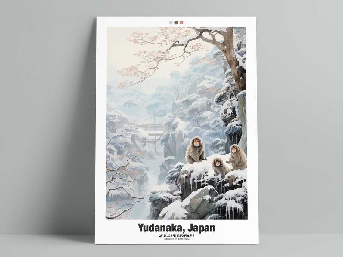 Yudanaka Japan Travel Poster Snow Monkey Poster Japanese Macaque Illustration - Image 3