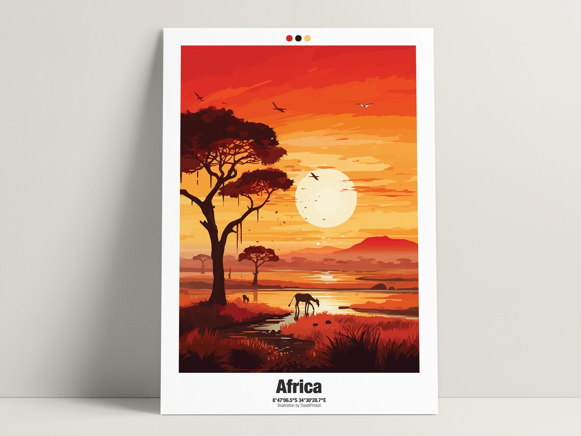 Africa Safari Sunset Elephant Waterhole Acacia Savanna Travel Poster - Image 3