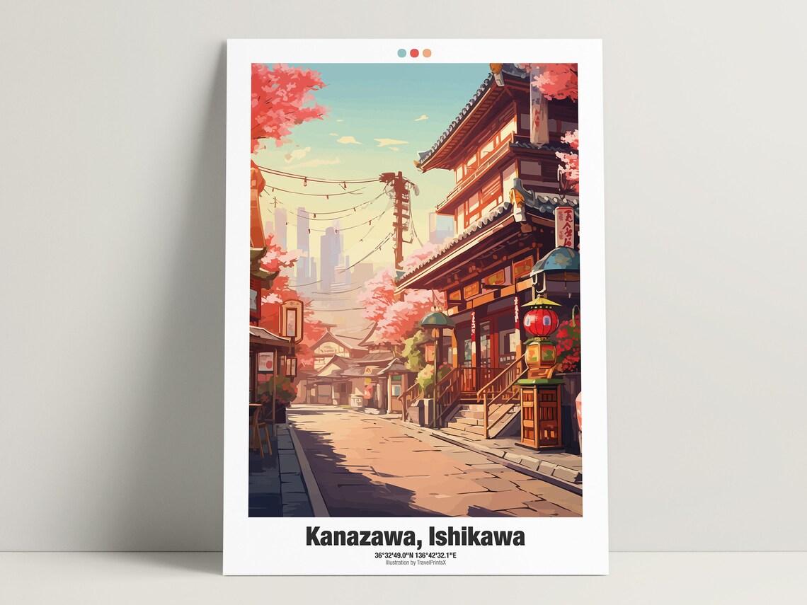 Kanazawa Ishikawa Japan Cherry Blossom Temple Street Travel Poster - Image 3