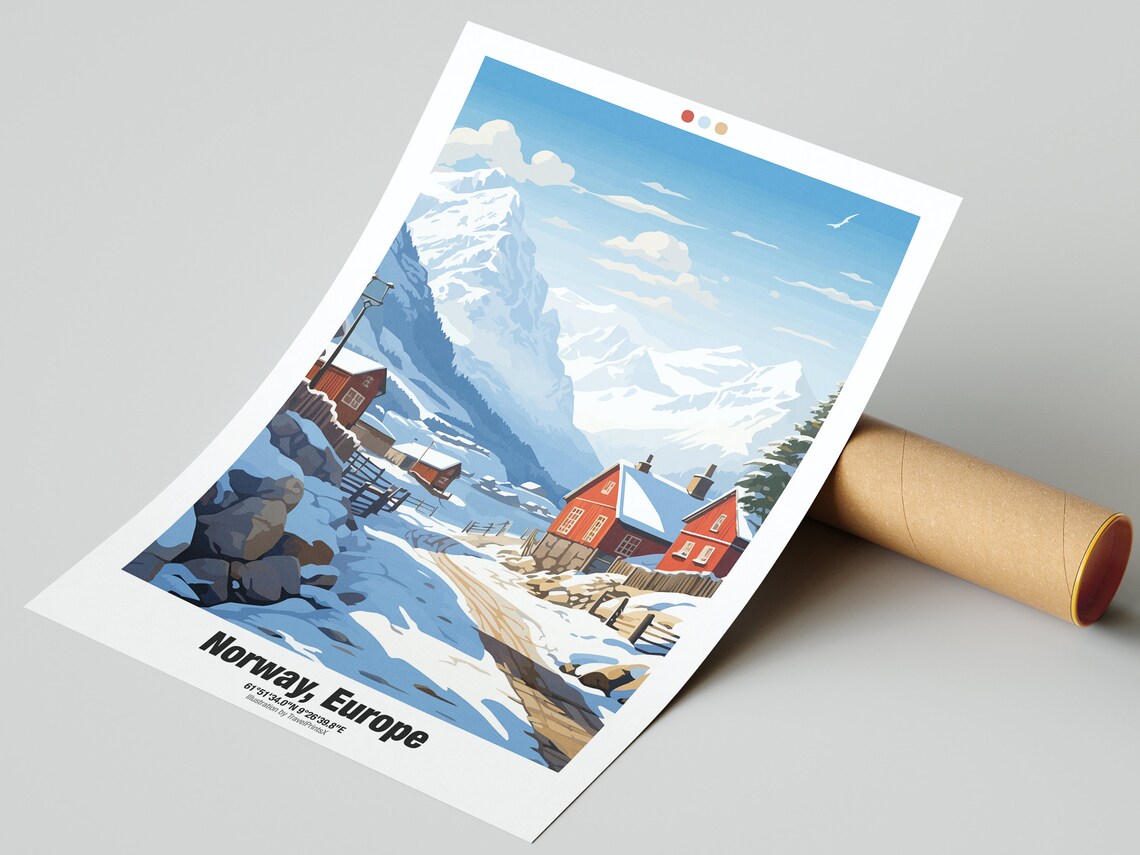 Norway Europe Snowy Mountain Valley Red Wooden Houses Travel Poster - Image 2