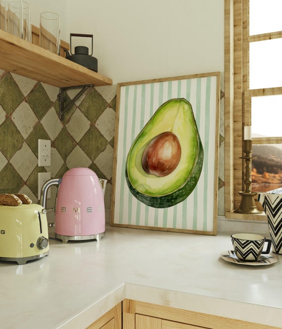 Avocado Print Wall Art Poster Cute Food Modern Farmhouse Green Stripes