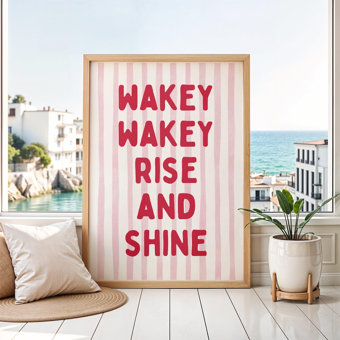 Wakey Wakey Rise And Shine Pink Stripes Cheerful Morning Quote Poster