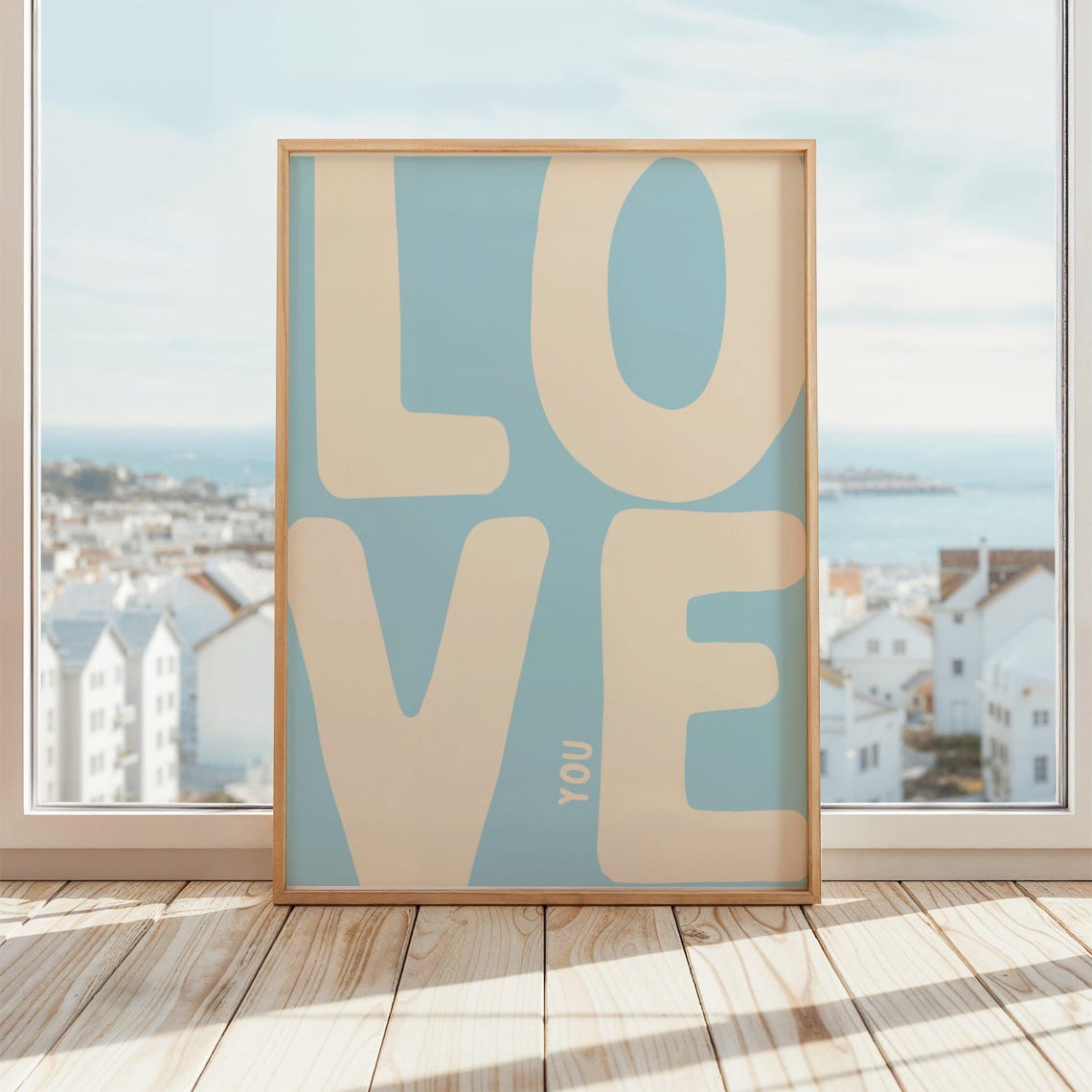 Love You Typography Poster Soft Blue Romantic Wall Decor for Bedroom