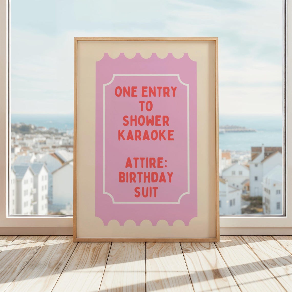 Shower Karaoke Ticket Poster Funny Print Bathroom Wall Art Birthday Suit Singing Pink Beige