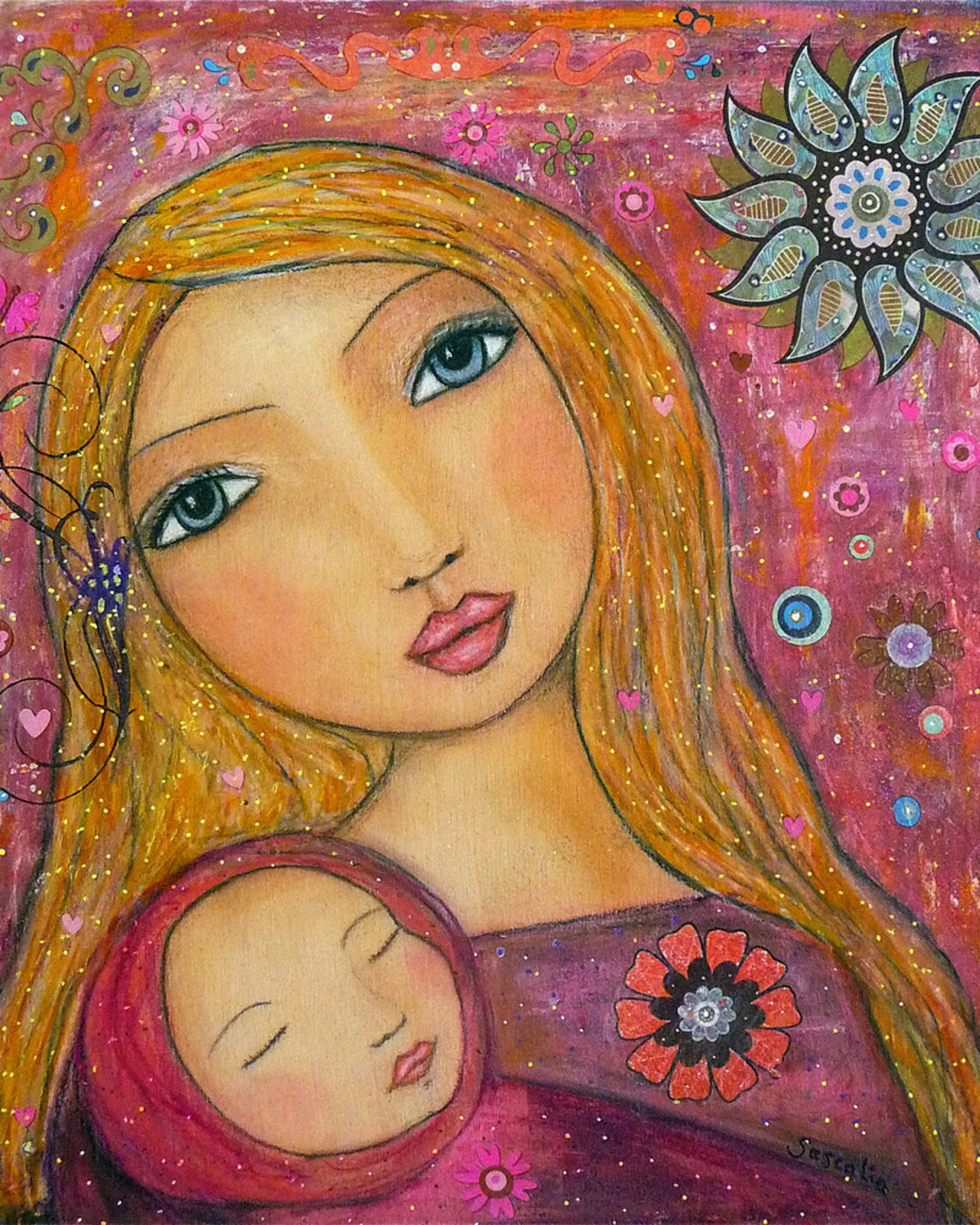 Mother and Sleeping Baby Tender Mixed Media Portrait Art Poster