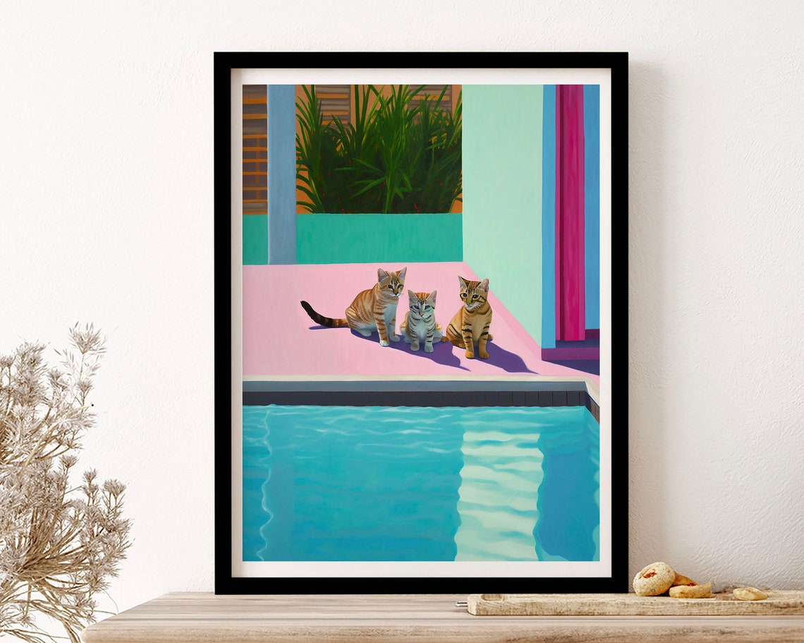 Three Kittens by the Pool Retro Poolside Cats Summer Decor Poster
