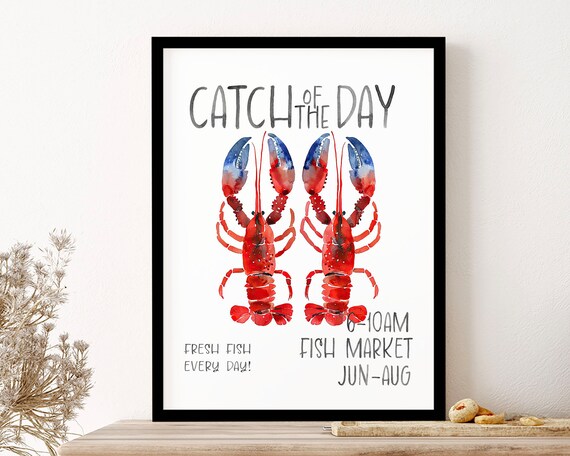 Lobster Catch Of The Day Food Fish Kitchen Wall Art Print Poster Framed Art Gift