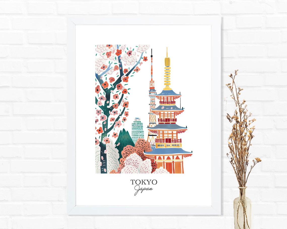 Tokyo Japan Pagoda Cherry Blossom Travel Illustration Wall Poster - Image 2