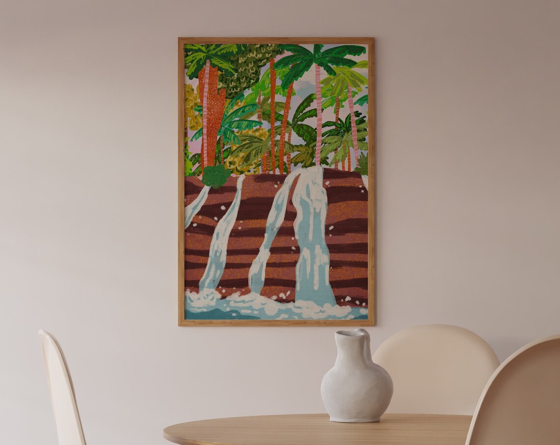 Bali Waterfall Jungle Vibrant Colorful Tropical Painting Art Poster