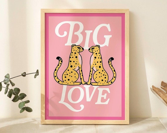 Framed Bold Pink Cheetah Poster Large Maximalist Wall Art Funky Neon Cheetah Print College Dorm White Black Natural Wooden Metal Frame