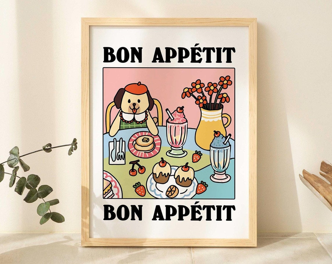Bon Appetit Cute Dog Dessert Retro Kitchen Funny Food Poster