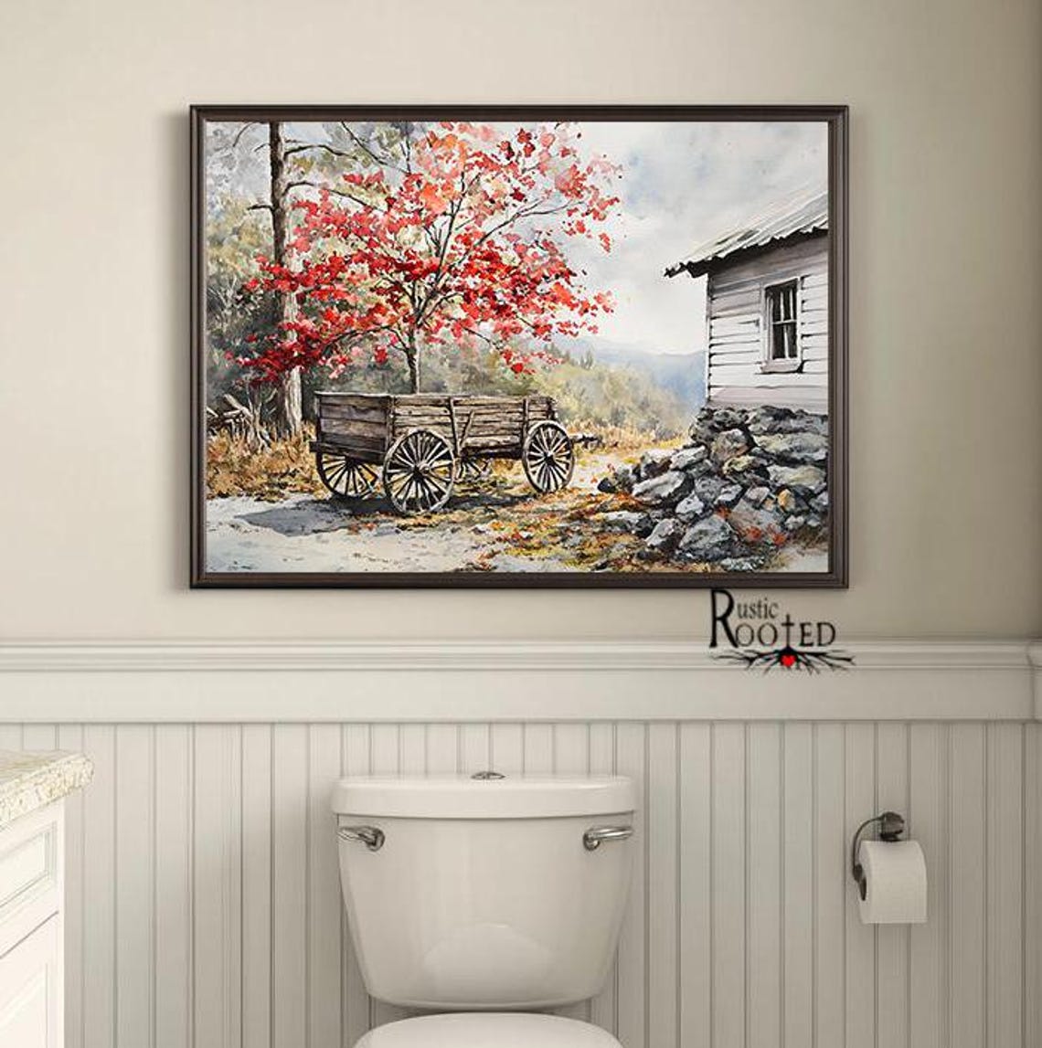 Vintage Country Homestead Painting Red Spring Flowering Tree Rustic Wagon Housewarming Gift Modern Farmhouse Home Decor Framed Print - Image 4