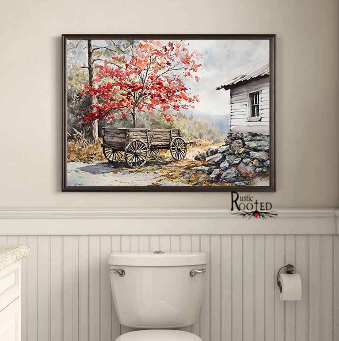 Vintage Wagon and Red Autumn Tree Old Farm Homestead Art Poster - Image 4