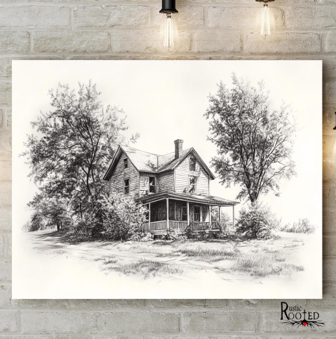 Historic Farmhouse Pencil Drawing Among Tall Leafy Trees Poster