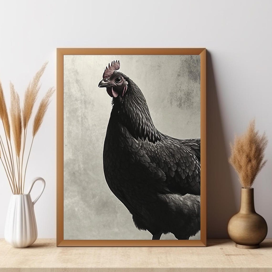 Black Chicken Portrait Painting in Moody Neutral Tones Poster - Image 4
