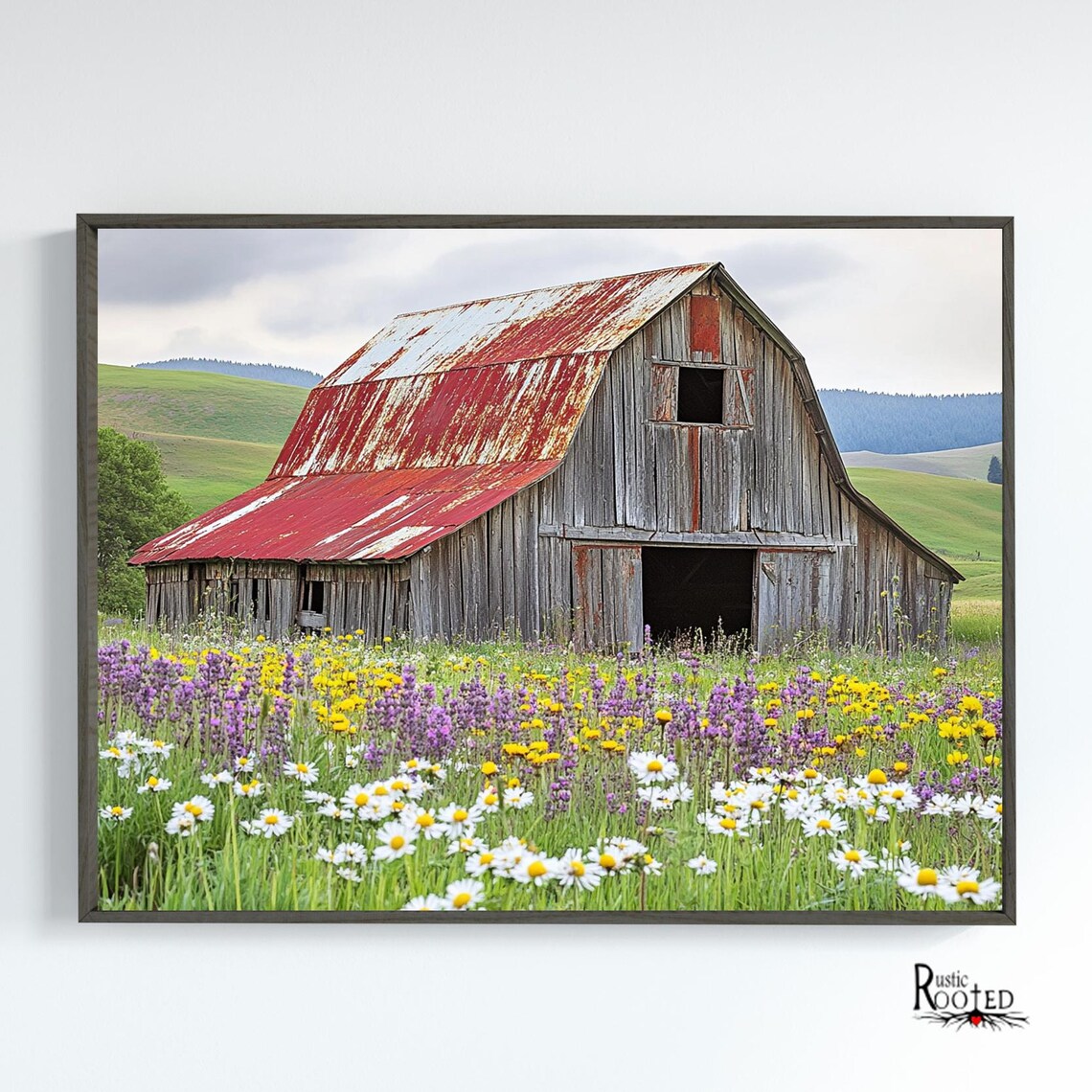 Rustic Red Barn Photo in Wildflower Meadow Country Farm Poster - Image 2