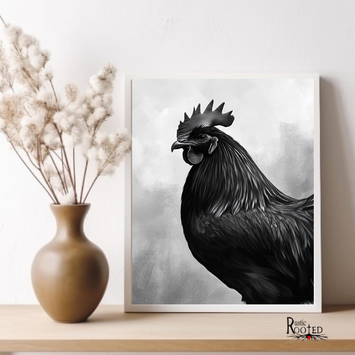 Black Rooster Portrait Painting on a Textured Gray Background Poster - Image 2