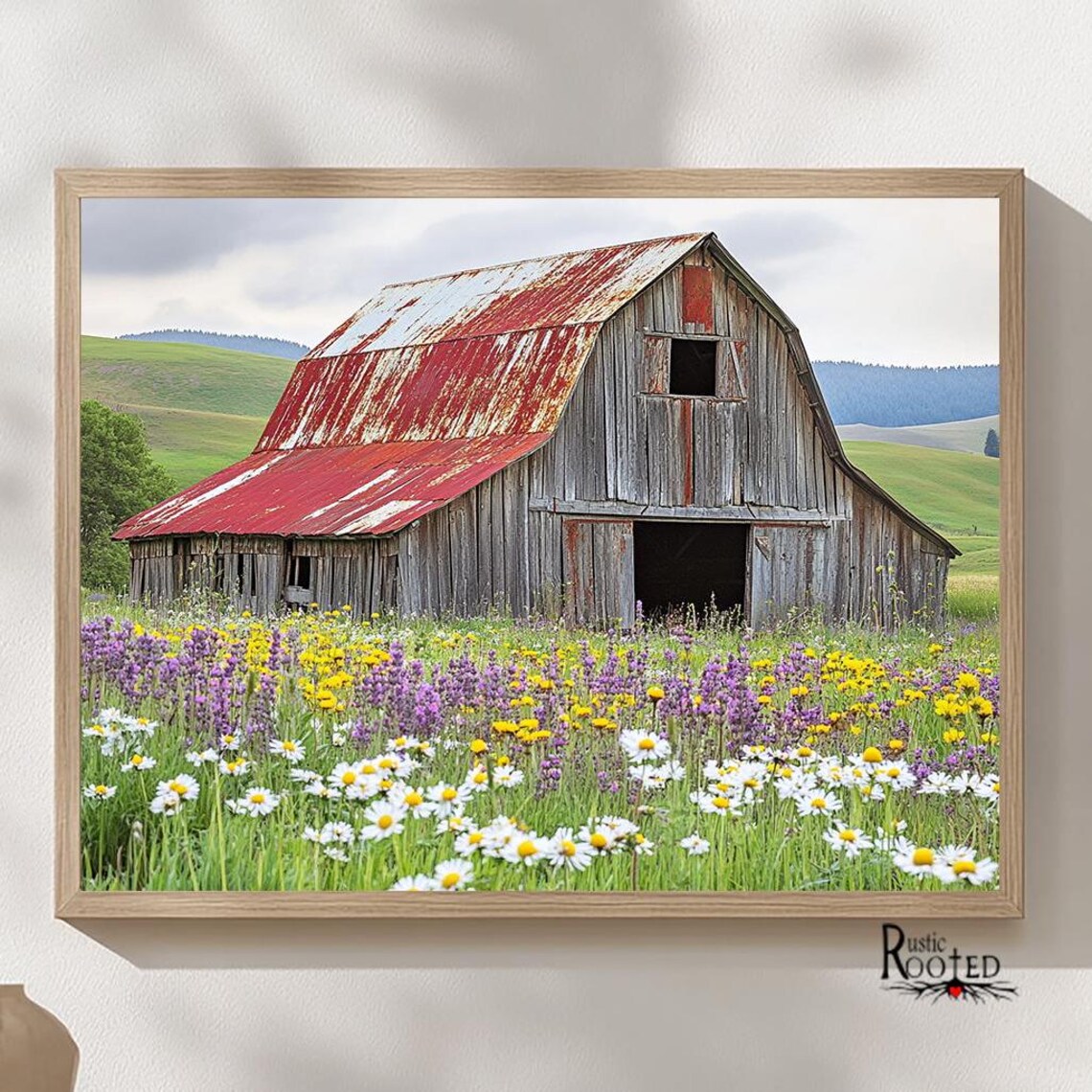 Rustic Red Barn Photo in Wildflower Meadow Country Farm Poster - Image 3