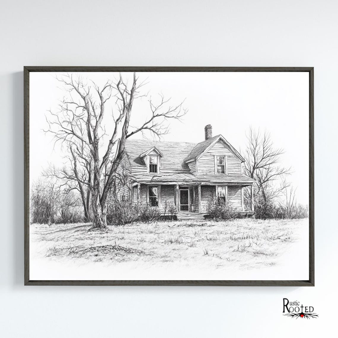 Old Farmhouse Pencil Sketch With A Bare Winter Tree Art Poster - Image 2