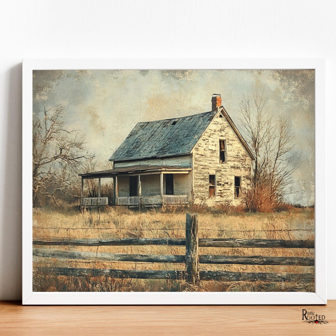 Abandoned White Farmhouse with Porch Behind a Rustic Fence Poster - Image 2