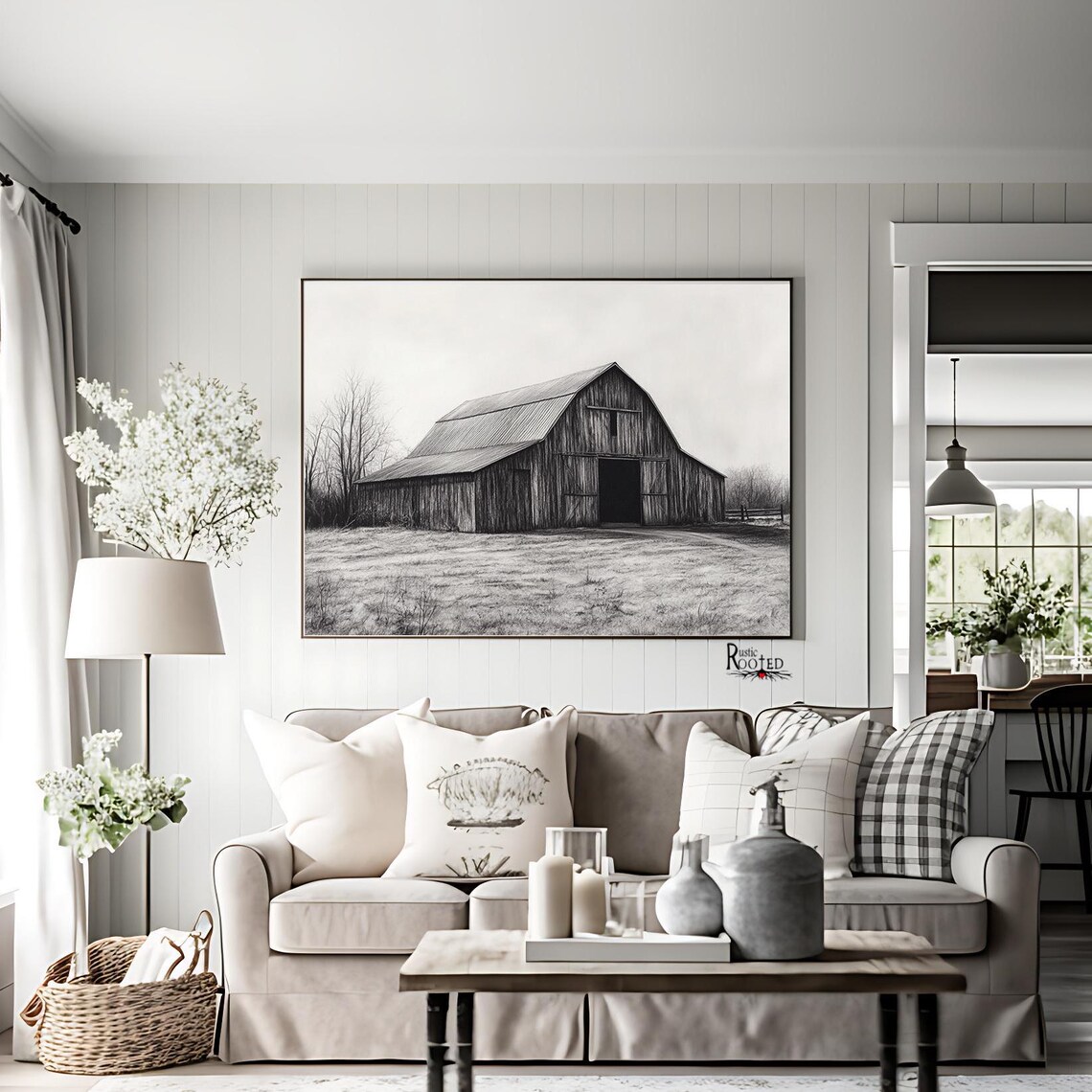 Black and White Charcoal Drawing of an Old Country Barn Poster - Image 2