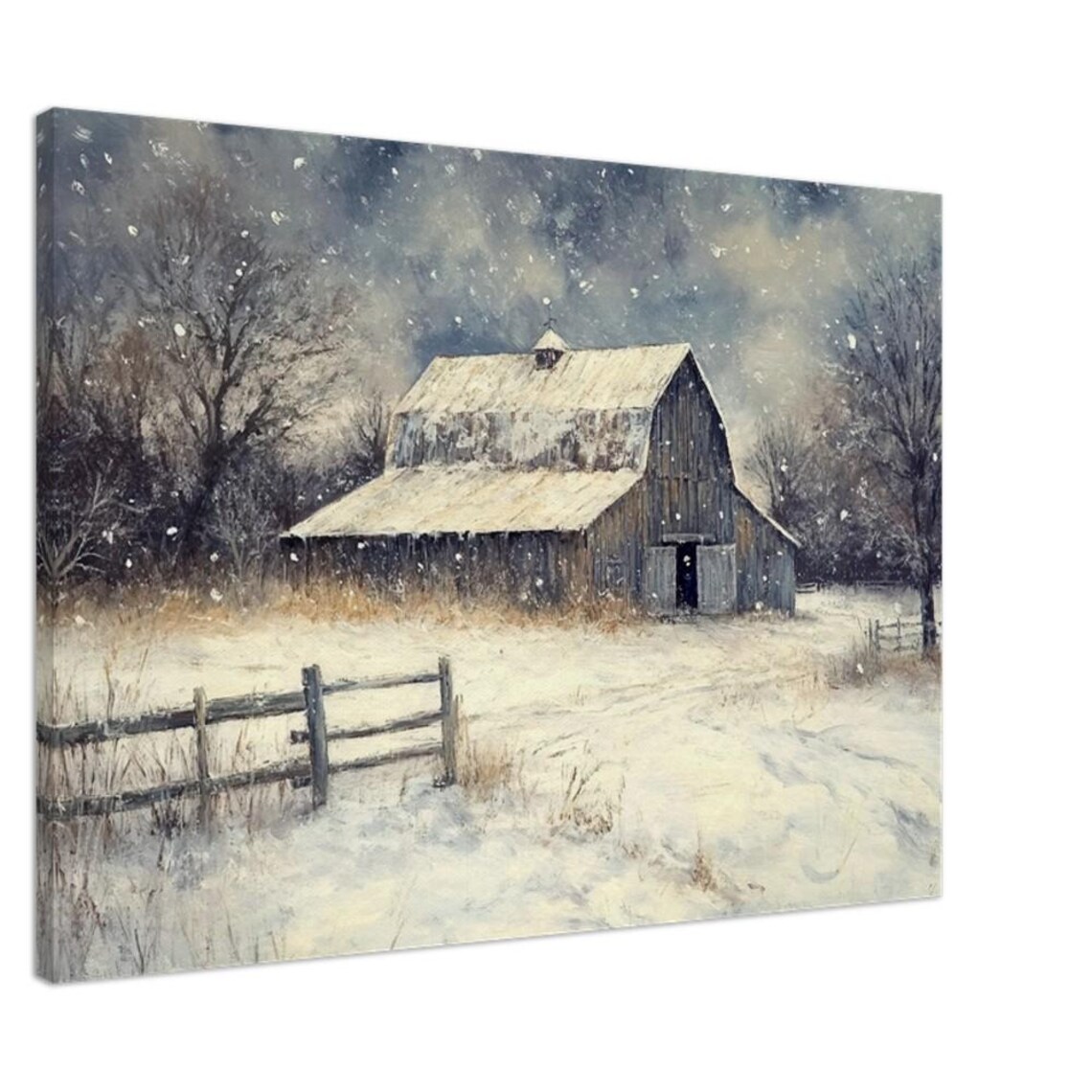 Old Barn in a Snowstorm Painting with Rustic Wooden Fence Poster - Image 3
