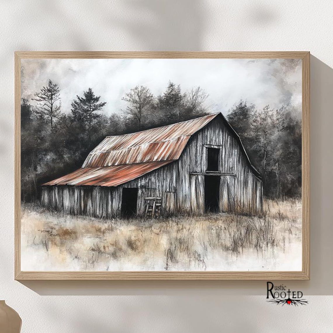 Charcoal Drawing of Weathered Barn with Rusty Red Roof Poster - Image 4