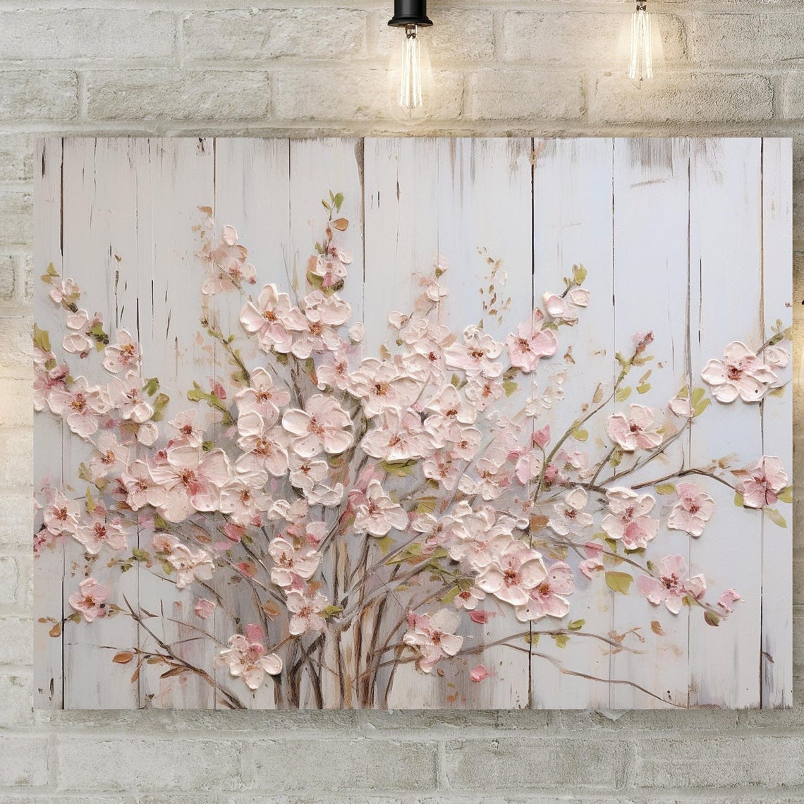 Pink Cherry Blossom Branches Painted on Whitewashed Wood Poster - Image 4