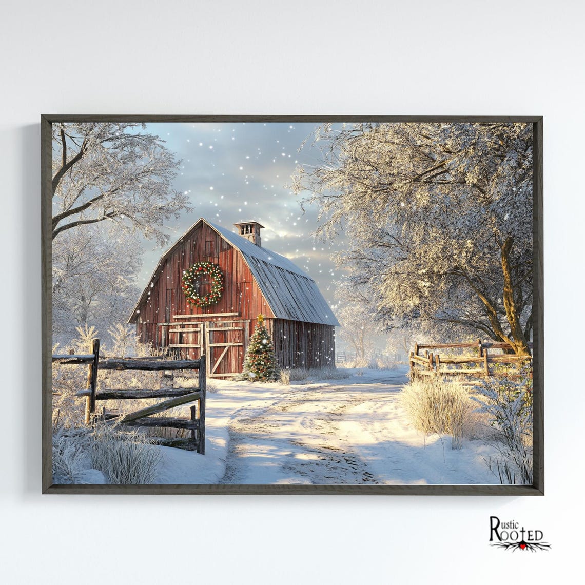 Red Barn in Snow with Christmas Wreath and Frosty Trees Poster - Image 4
