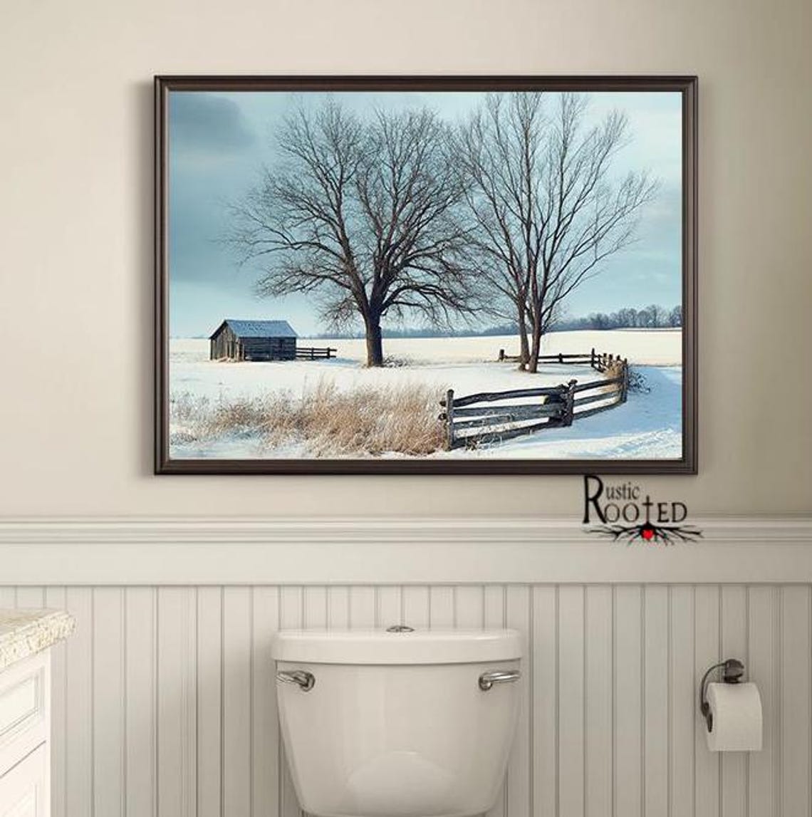 Snowy Winter Landscape with Small Barn and Bare Trees Poster - Image 4