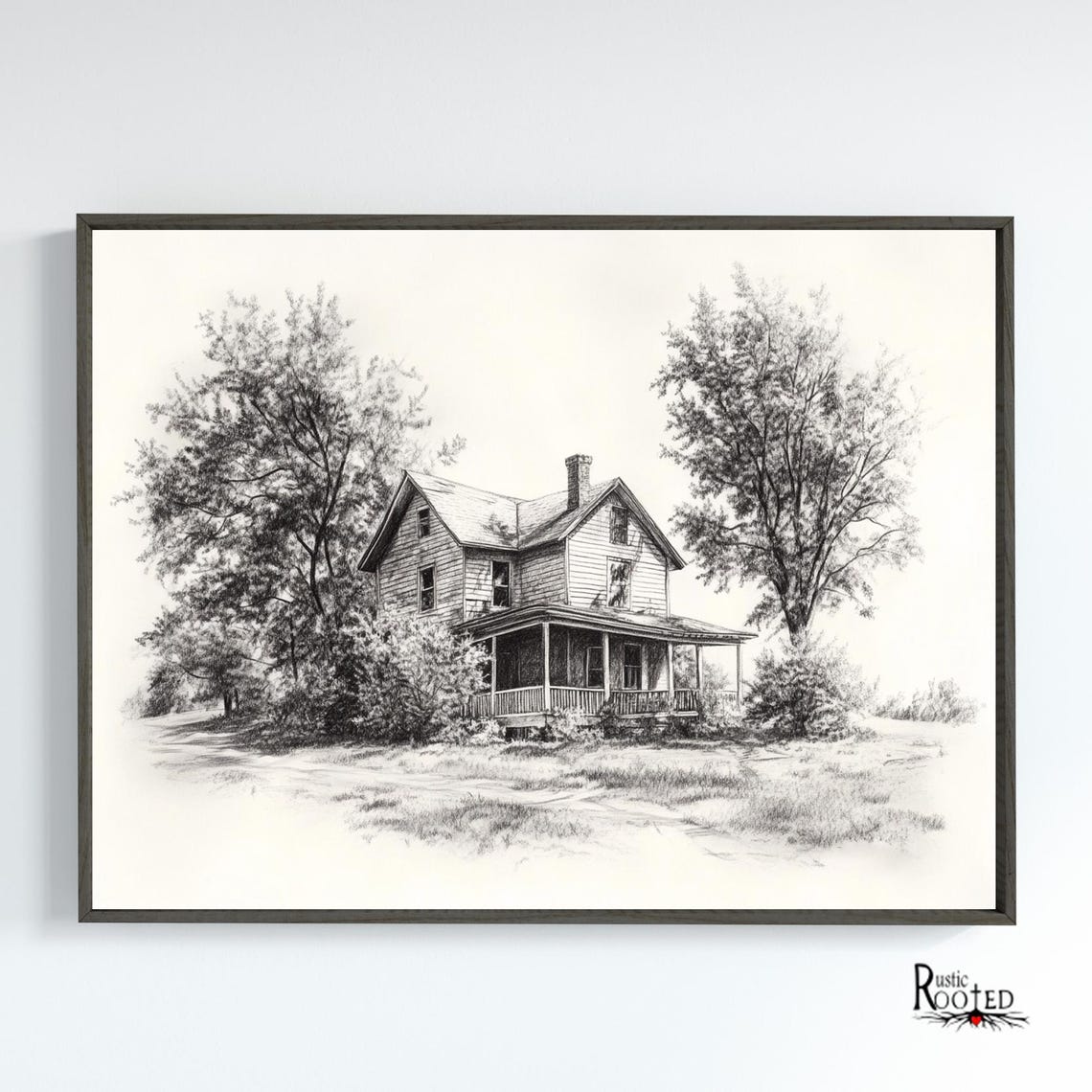 Historic Farmhouse Pencil Drawing Among Tall Leafy Trees Poster - Image 4
