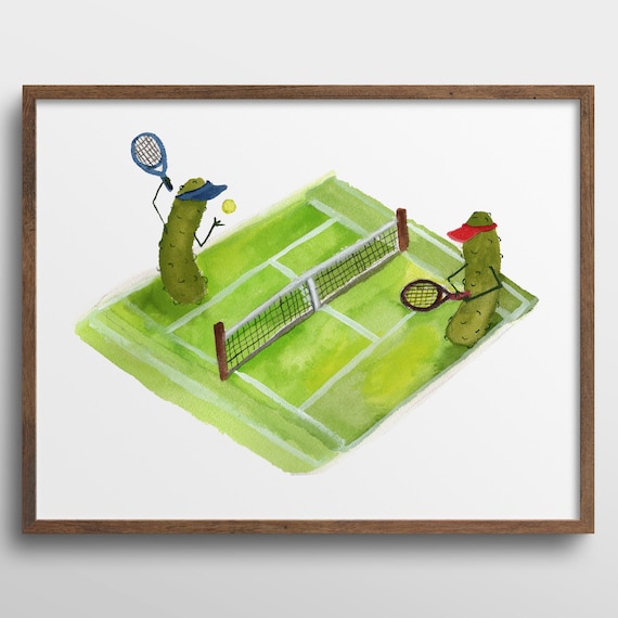 Whimsical Pickles Playing Tennis Watercolor Art Print