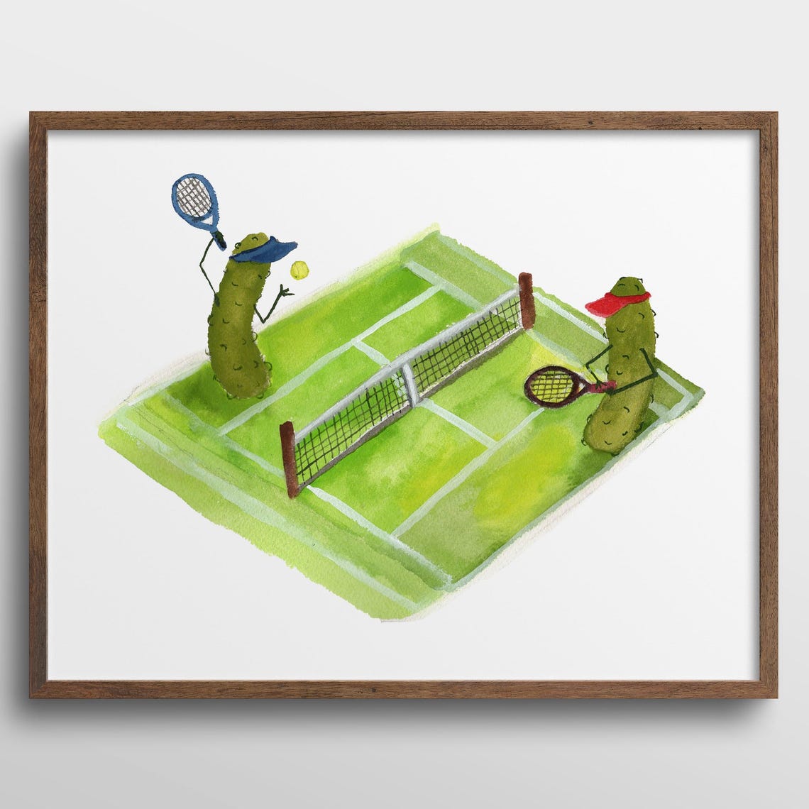 Whimsical Pickles Playing Tennis Watercolor Art Print