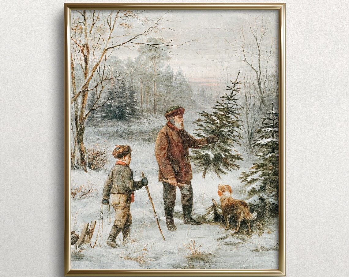Christmas Tree Cutting, Vintage Winter Art Print