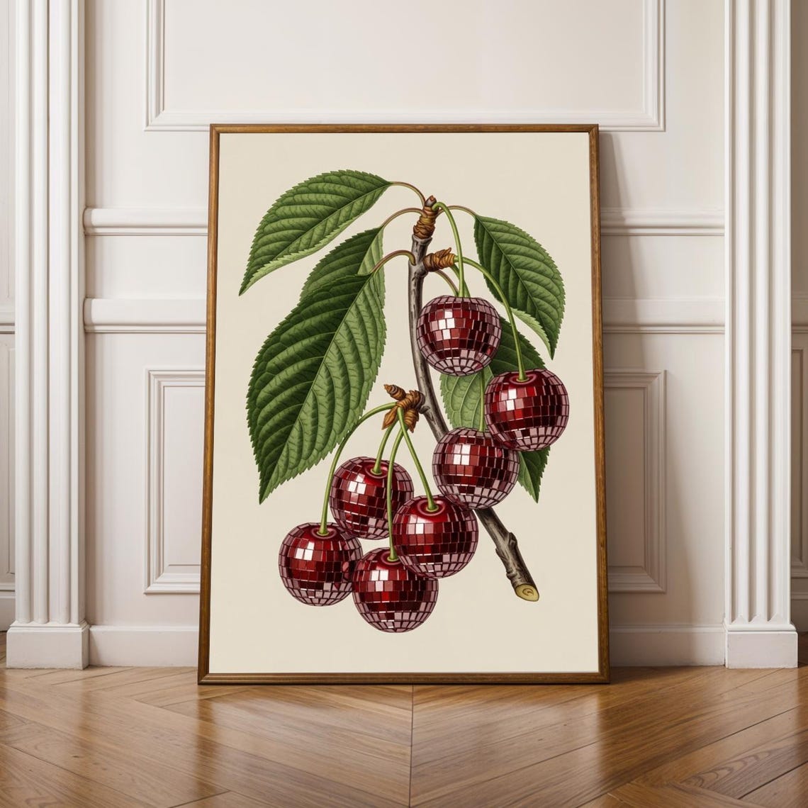 Disco Ball Cherries Poster Vintage Botanical Surreal Art