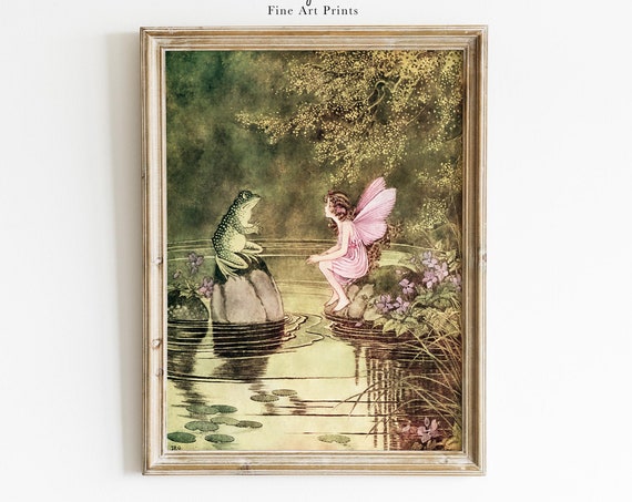 Cute Pink Fairy Talking To A Frog Illustration By Ida Rentoul Outhwaite Vintage Fine Art Print Nursery