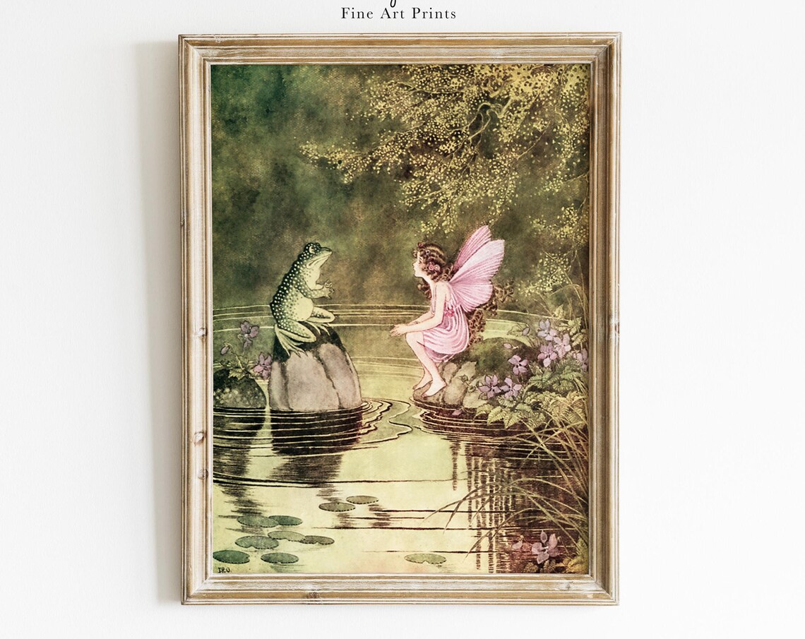 Fairy Chatting with Frog by Pond Vintage Illustration Poster