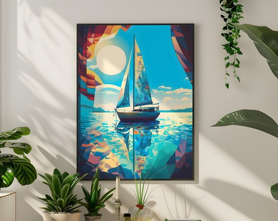 Sailboat Sea Abstract And Geometric Boat Poster Horizon Marin Frameless Poster For Bedroom Or Living Room Sea And Ocean Wall Decoration