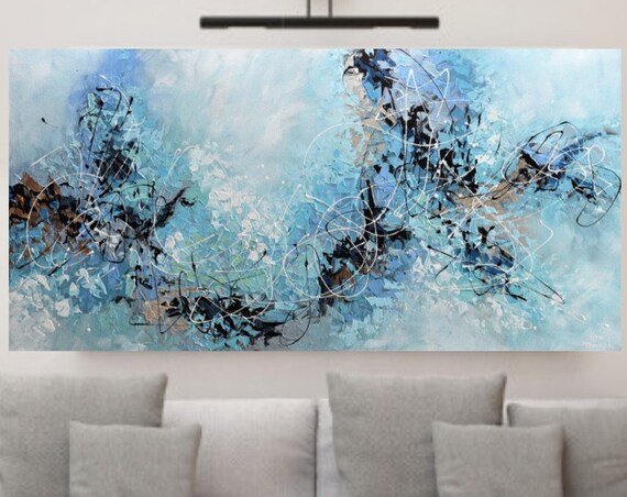 Large Abstract Original Painting Blue Wall Art Impasto Palette Knife Modern Contemporary Art