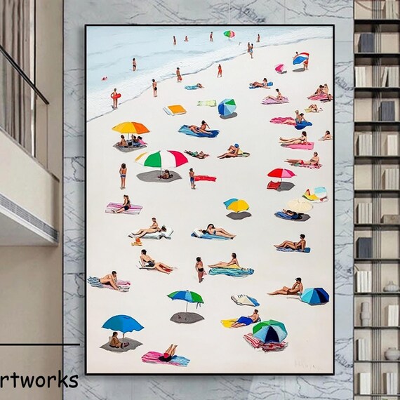 Beach Bathers Colorful Umbrellas Calm Sea Summer Retreat Art Poster