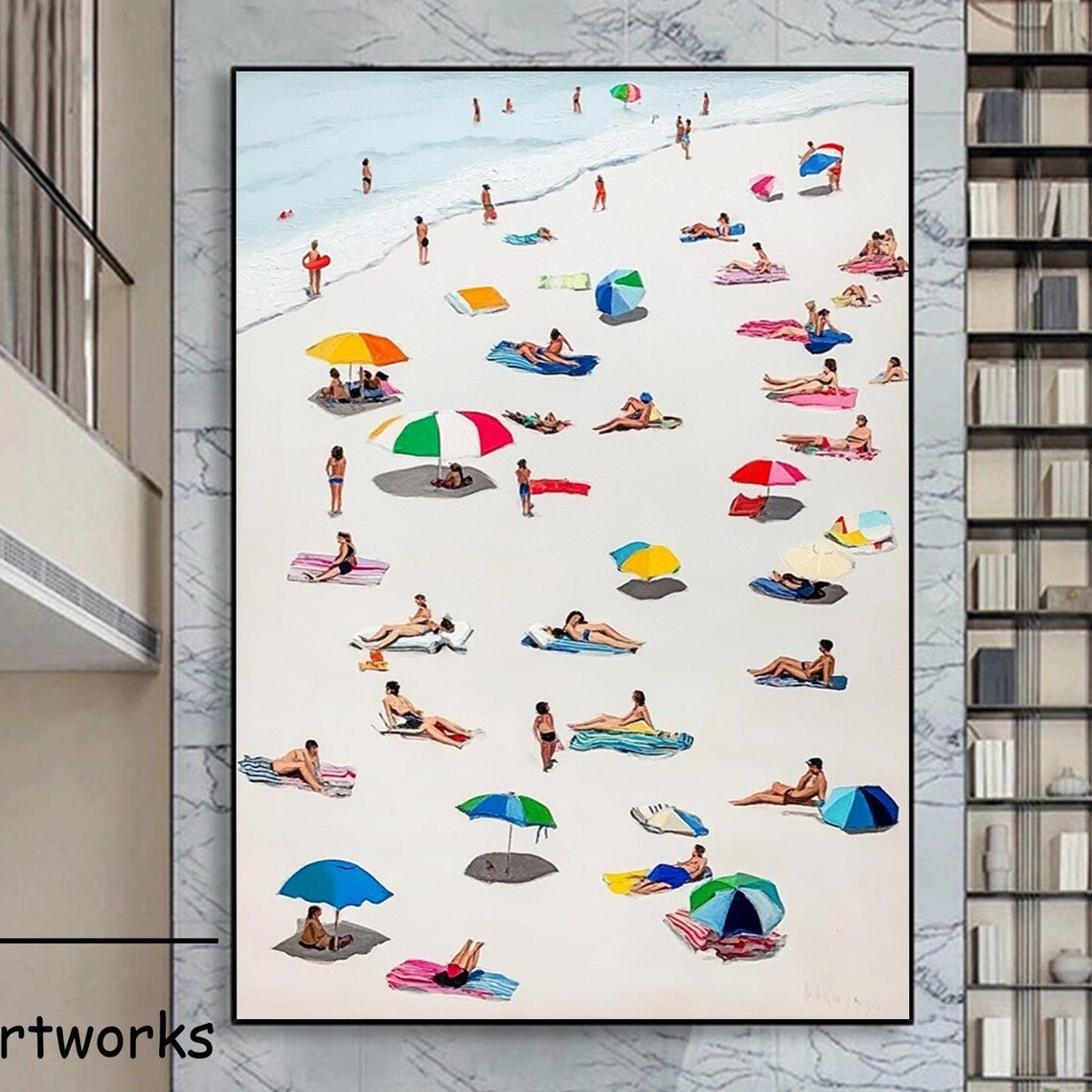 Beach Bathers Colorful Umbrellas Calm Sea Summer Retreat Art Poster