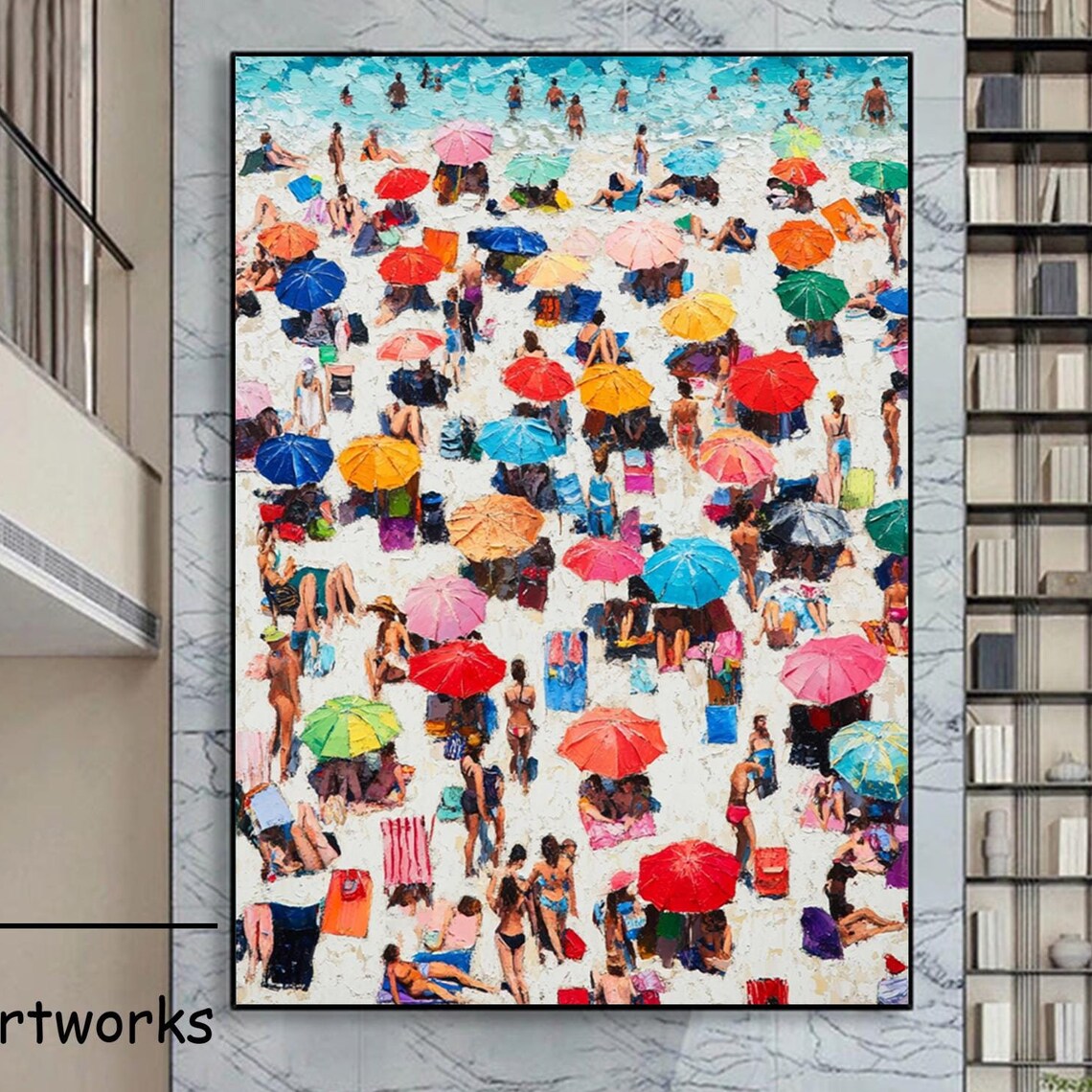 Crowded Summer Beach Turquoise Sea Colorful Umbrellas Art Poster